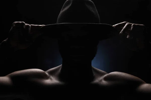 Face Portrait Black Man Dark Hat Naked Sports Torso Dark — 스톡 사진