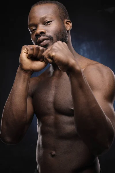 Portrait Handsome Black Man Naked Sports Torso Looking Camera Dark — Stock Photo, Image