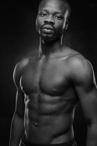 Black White Portrait Handsome Black Man Naked Sports Torso Looking — Stock Photo, Image