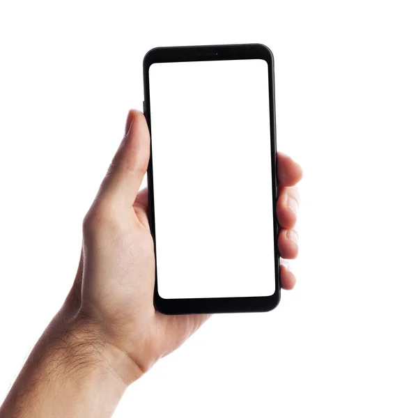 Beyaz arka planda boş ekranlı akıllı telefon tutan adam. Erkek eli ile, metin için boşluk