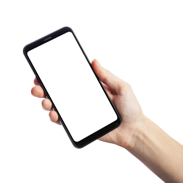 Beyaz arka planda boş ekranlı akıllı telefon tutan kadın. Kadın elleri ekrana dokunuyor, metin için boşluk