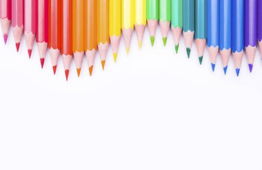 Beyaz arka planda farklı renkli kalemler. Renkli kalemlerle yapılmış çerçeve, yakın plan görünümü, metin için boşluk