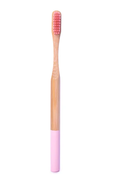 Bamboo Toothbrush Isolated White Background Wooden Tooth Brush Pink Bristles — Stock Photo, Image