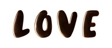Aşk kelimesi beyaz arka planda izole edilmiş çikolata şurubundan yapılmıştır. Metin: Sıvı çikolata, üst görünüm