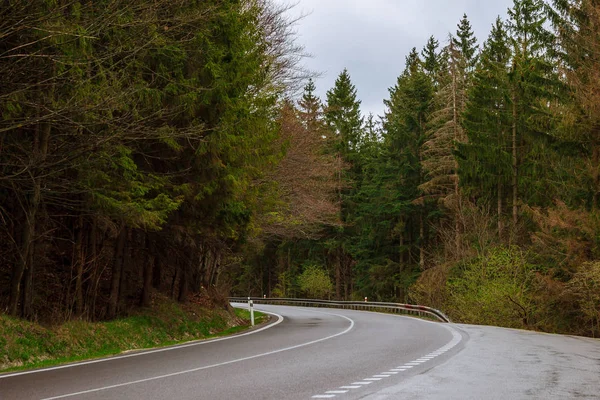 Camino sinuoso vacío a través de los bosques en las montañas . — Foto de Stock