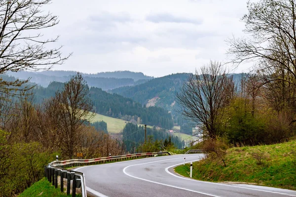 Camino sinuoso vacío a través de los bosques en las montañas . — Foto de Stock