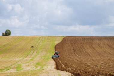 Bir traktördeki çiftçi tohum ekmeden önce toprağı sürer.