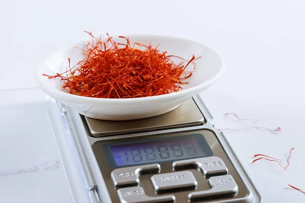 Saffron Threads Female Hand Most Expensive Spice Red Gold — Stock Photo, Image