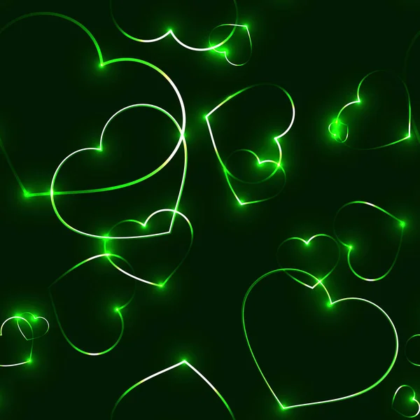 Patrón inconsútil muy oscuro con corazones de láser verde — Archivo Imágenes Vectoriales