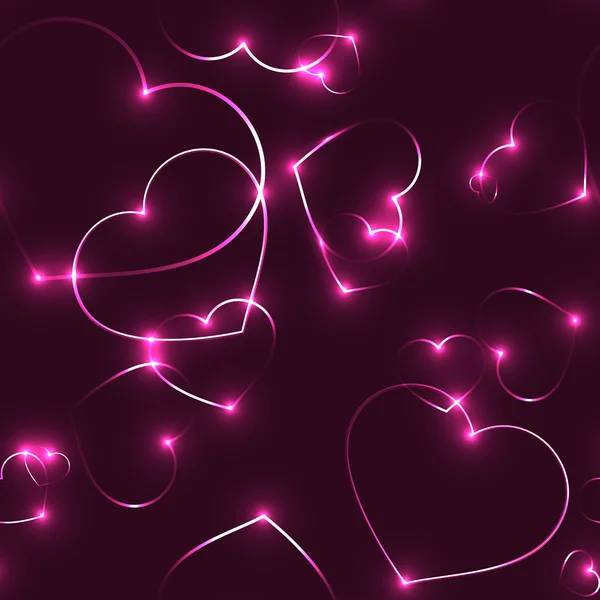 Very dark seamless pattern with neon pink laser hearts — Stock Vector