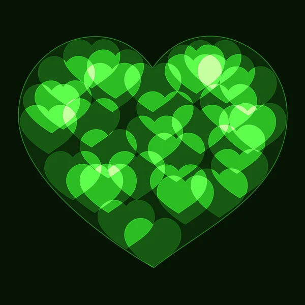 Verde gran corazón hecho forma pequeña bokeh corazones de neón — Vector de stock