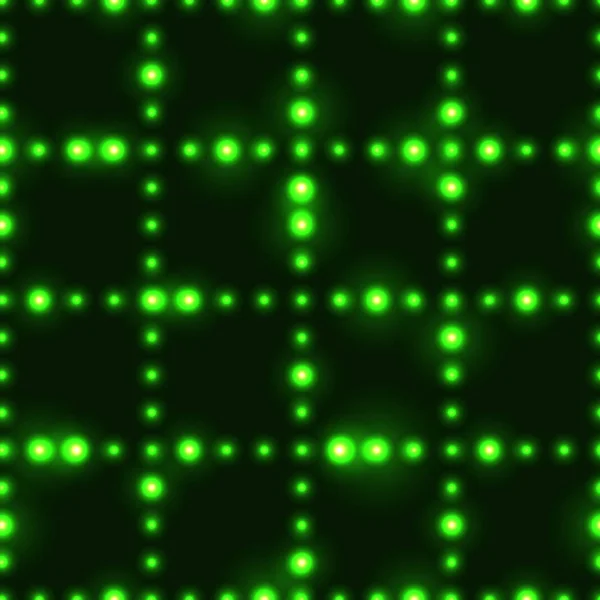 Тёмный бесшовный рисунок с сияющей зелёной сеткой неоновых точек — стоковый вектор