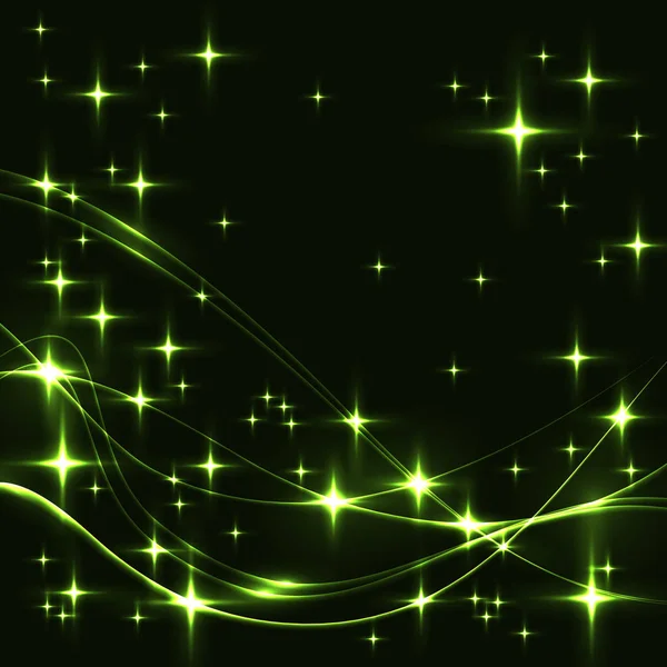 Fond sombre avec des étoiles et des vagues vertes . — Image vectorielle