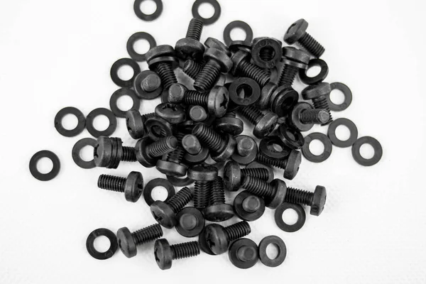 Screws Black Washers Piled White Background — Stock Photo, Image