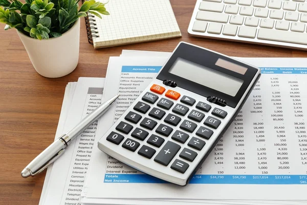 Calculator with accounting data for accounting concept — Stock Photo, Image