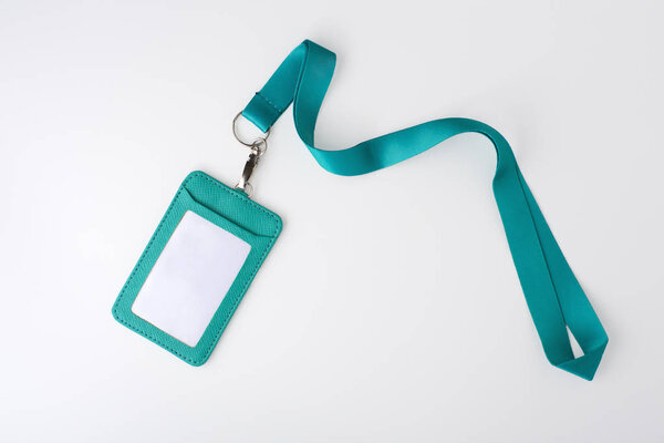 Blue lanyard and leather badge, mock up