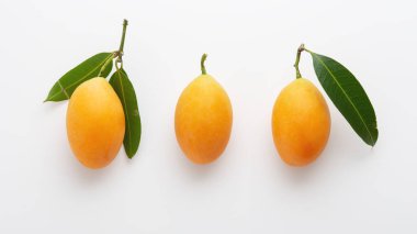 Beyaz zemin üzerinde yeşil yaprak ile Marian eriği veya mayonez, üst görünüm