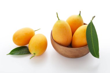 Taze Marian eriği ya da erik mangosu beyaz arka planda izole edilmiş.