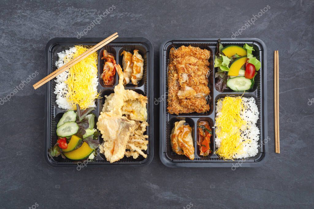 Japanese Food Bento Set In Takeaway Box On Dark Stone Background Flat Lay Larastock