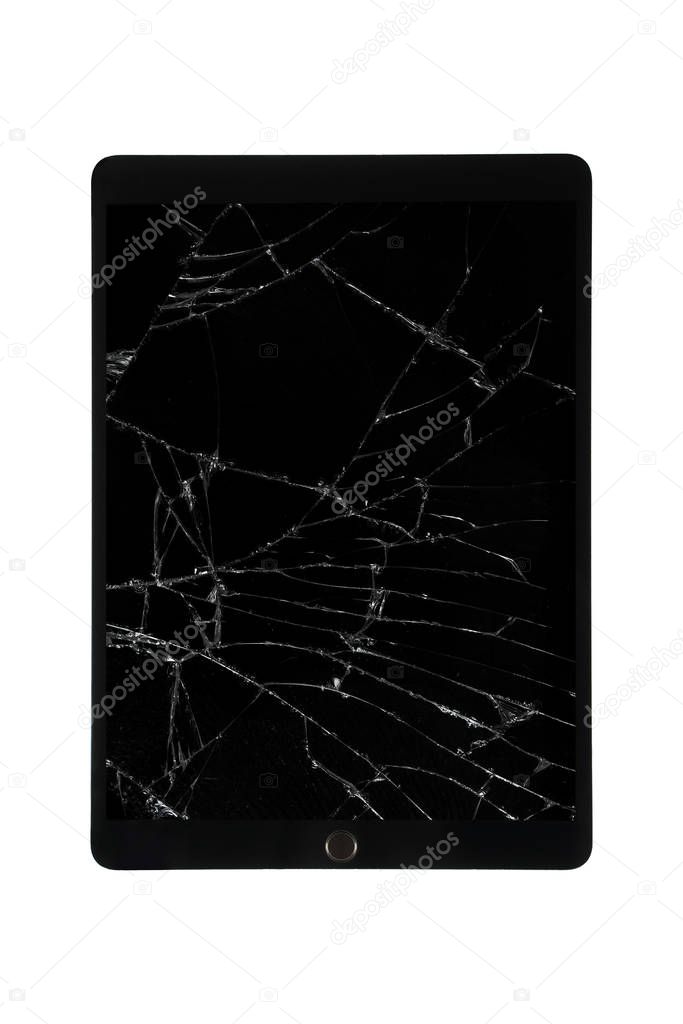 Isolated tablet with broken display, cracked retina screen on white background