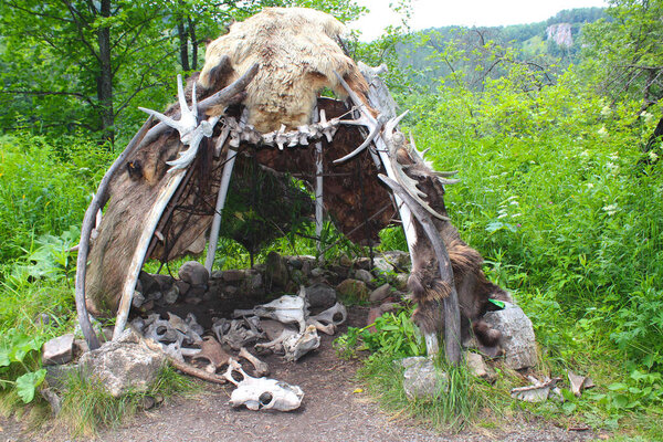 Replica wigwam covered with animal skins on a summer day. The cabin of an ancient man. A prehistoric house made of leather skins with scattered animal bones and skulls.