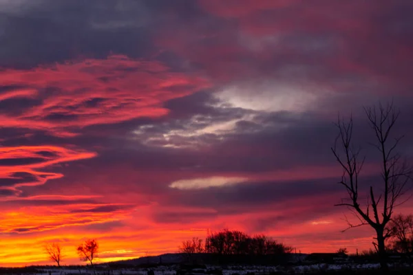 Rot-blauer Sonnenuntergang mit dunklen Wolken am Rande des Dorfes. dunkler Winter ländliche Silhouette mit einem schönen Sonnenaufgang. künstlerisch verschwommen — Stockfoto