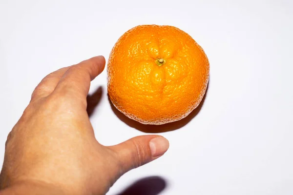 Primer plano de mandarina brillante sobre un fondo blanco. Cítricos en la macro. Naranja aislado sobre blanco. La mano femenina busca una naranja. Mano fuera de foco — Foto de Stock