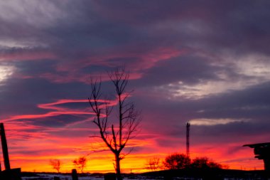 Köyün eteklerinde koyu bulutlu kırmızı-mavi gün batımı. Karanlık kış kırsal manzarası, bir ağaç silueti, güzel bir gündoğumunun arka planında bir televizyon kulesi. Sanatsal olarak bulanık.