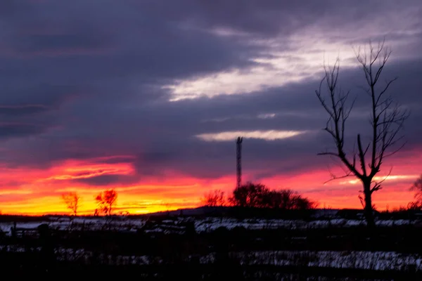 Red-blue sunset with dark clouds on the outskirts of the village. Dark winter rural landscape, tree silhouette, television tower on a background of a beautiful sunrise. Artistically blurry.