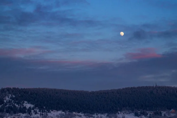 The moon in the sky with clouds over the evening, winter forest and the village. The sky with clouds, a round moon illuminates the coniferous forest and houses of the city. Beautiful sky and moonlight