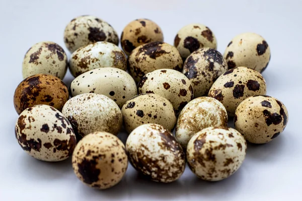 Grupo de ovos de codorna sobre um fundo branco. Um monte de ovos manchados em um fundo leve, close-up . — Fotografia de Stock