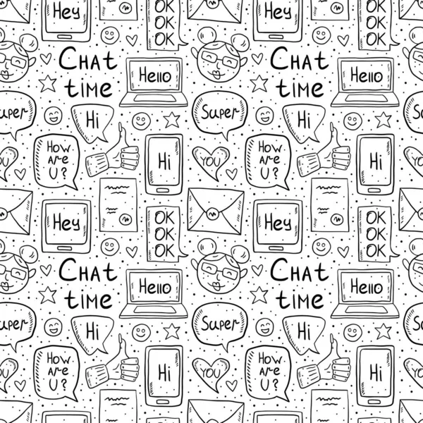 Chat Time Cartoon Doodle Seamless Pattern Texture Set Of Elements Stickers Icons Speech Bubble Message Emoji Letter Gadget Black Monochrome Design Isolated On White Background Stock Images Page Everypixel