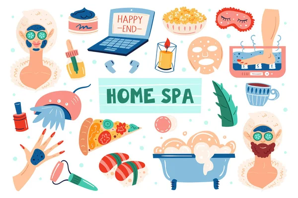 Home spa night. Woman and man.  Beauty process. Happy good mood, smile. Skin hair health care. Recreation, self care, relax, rest. Bathroom, shower. Flat hand drawn vector illustration, set, stickers.