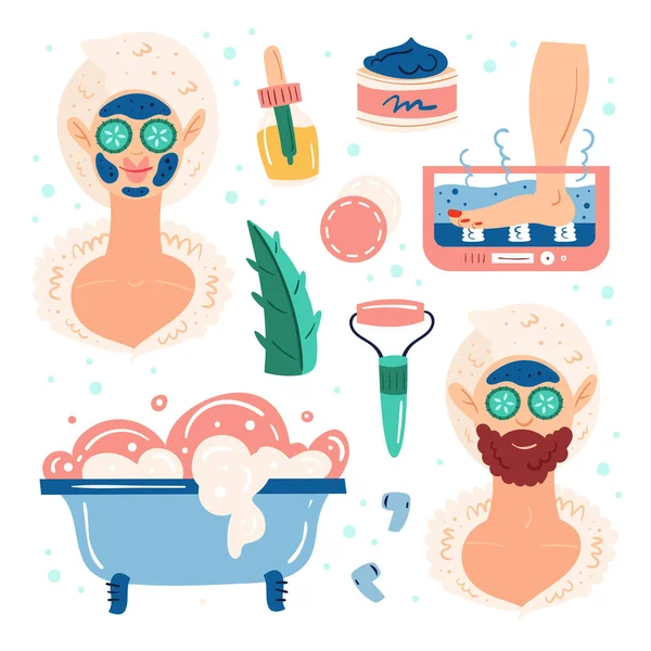 Home spa night. Woman and man.  Beauty process. Happy good mood, smile. Skin hair health care. Recreation, self care, relax, rest. Bathroom, shower. Flat hand drawn vector illustration, set, stickers.