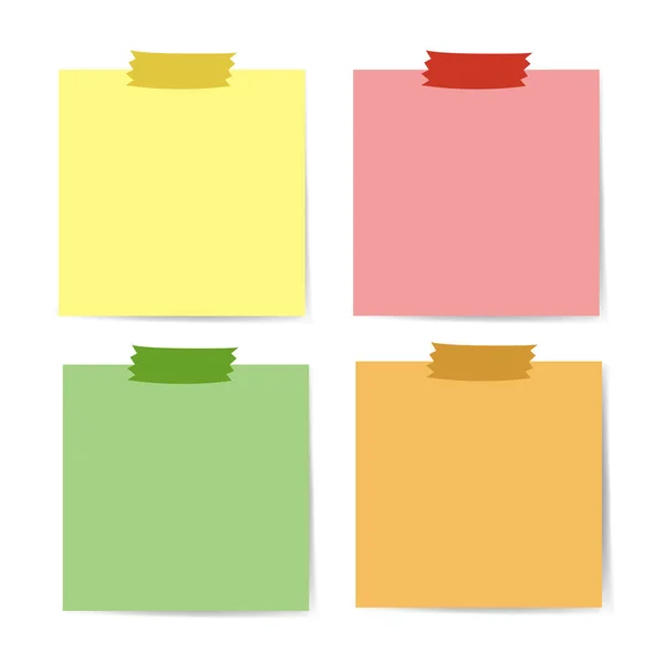 Uppsättning av olika färger not papper med självhäftande. Tejp på vit bakgrund. — Stock vektor
