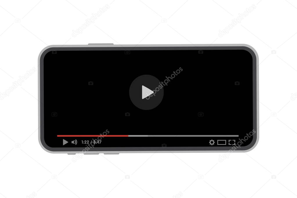 Smartphone with video player on the screen. Gadget Elements for site form of watching online video on smartphone. Vector illustration