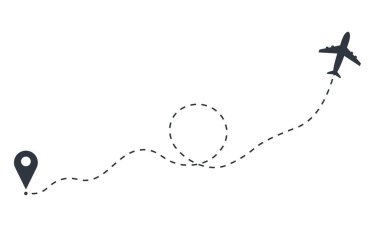 Kalkıştan varışa uçak güzergahı. Uçak yolu. Uçağın uçuş güzergahı kesik bir çizgiyle.
