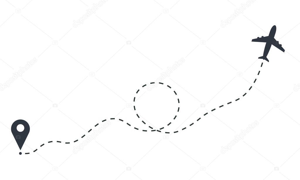 Plane route from departure to arrival. Airplane path. Flight path of the aircraft with a dashed line.