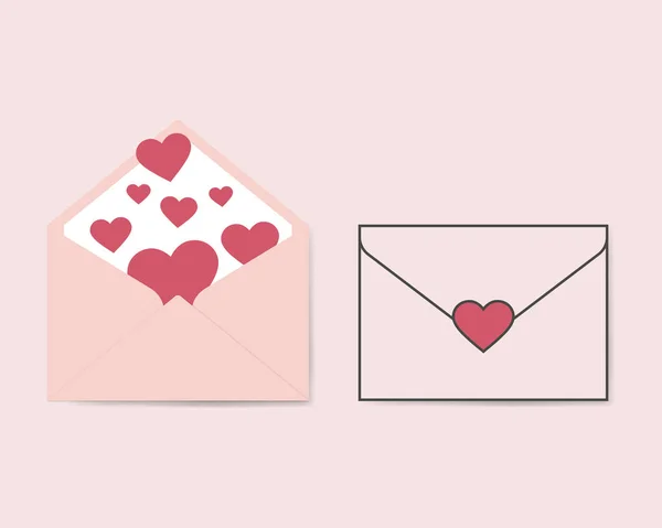 Векторный романтический розовый конверт. В конверте открытка с сердцем. Иллюстрация любовного письма в плоском стиле — стоковый вектор