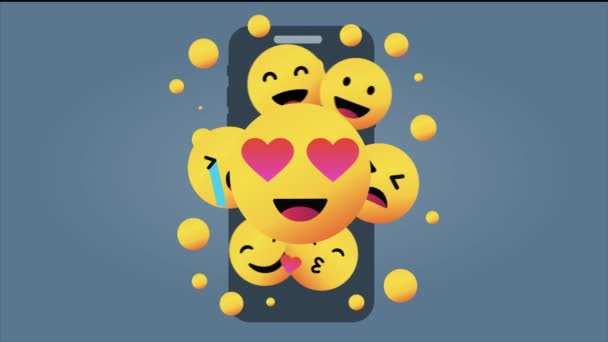 Various Yellow Emoticons in Front of a Smartphone Screen. 4K video.