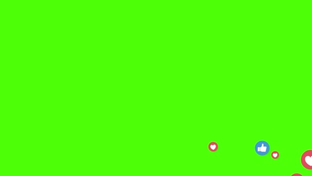 心とアイコンがライブソーシャルメディア放送で飛ぶのが好き。緑の画面の背景。4Kビデオ. — ストック動画