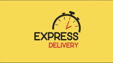 Ekspres dağıtım simgesi. Işık arka planında zamanlayıcı ve ekspres teslimat yazıları. Hızlı teslimat, hızlı ve acil nakliye, hizmetler, kronometre işareti. 