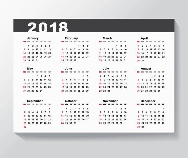 Templat Kalender untuk tahun 2018 . - Stok Vektor