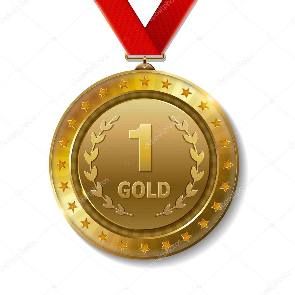 Realistic 3d gold trophy award medal for winner.