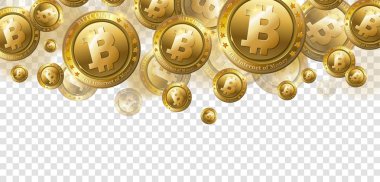 Altın bitcoin sikkelerinde şeffaf arka plan, vektör, illüstrasyon