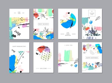 elle çizilmiş dokuları, vektör, illüstrasyon ile modaya uygun tarzda yaratıcı evrensel çiçek kart dizisini