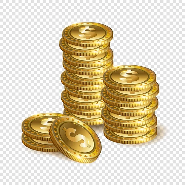 Realistic Gold Dollar Coins Stacks Isolated Transparent Background — Stock Vector