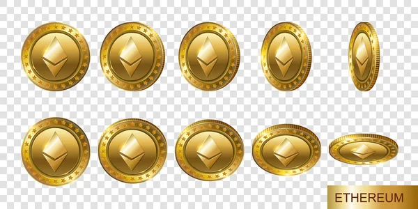 Set Realistic Gold Ethereum Crypto Coins — Stock Vector