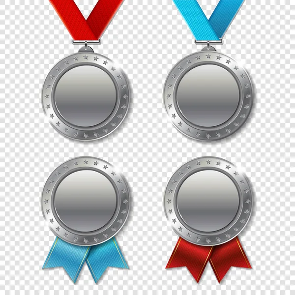 Set Four Realistic Silver Trophy Award Medals — Stock Vector