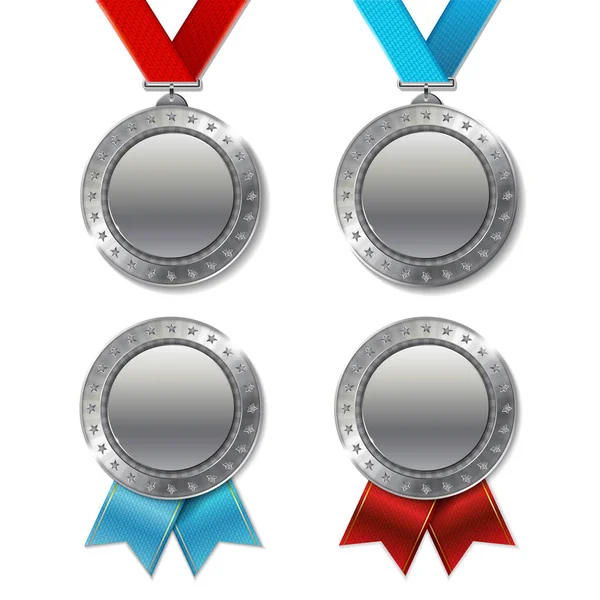 Set Van Vier Realistische Zilver Trophy Award Medailles — Stockvector